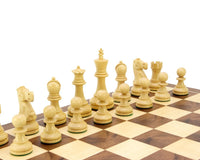 Jacob Knight Golden Rosewood Staunton chess pieces on board, featuring a 3.75-inch weighted king and high-detail craftsmanship.