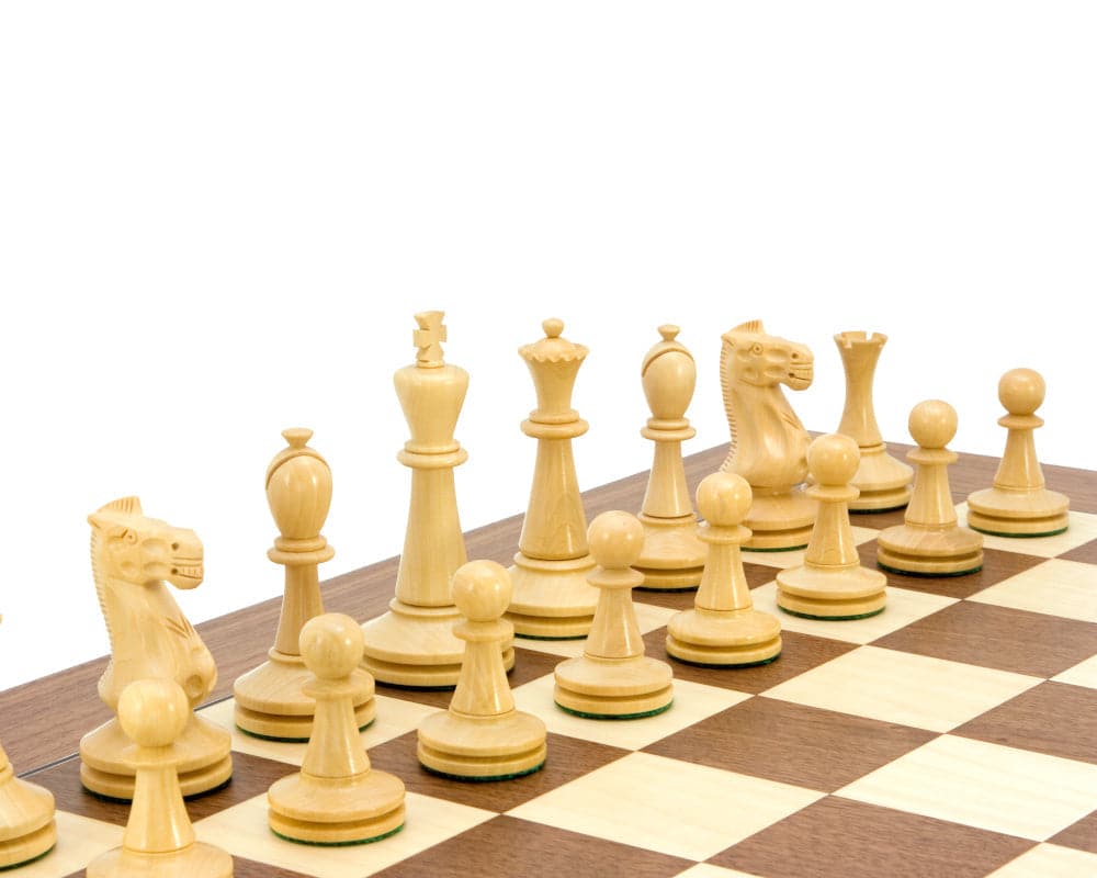 Blackmore Series Sheesham and Boxwood Chess Pieces arranged on a chessboard, showcasing the unique double base and 4 inch king.