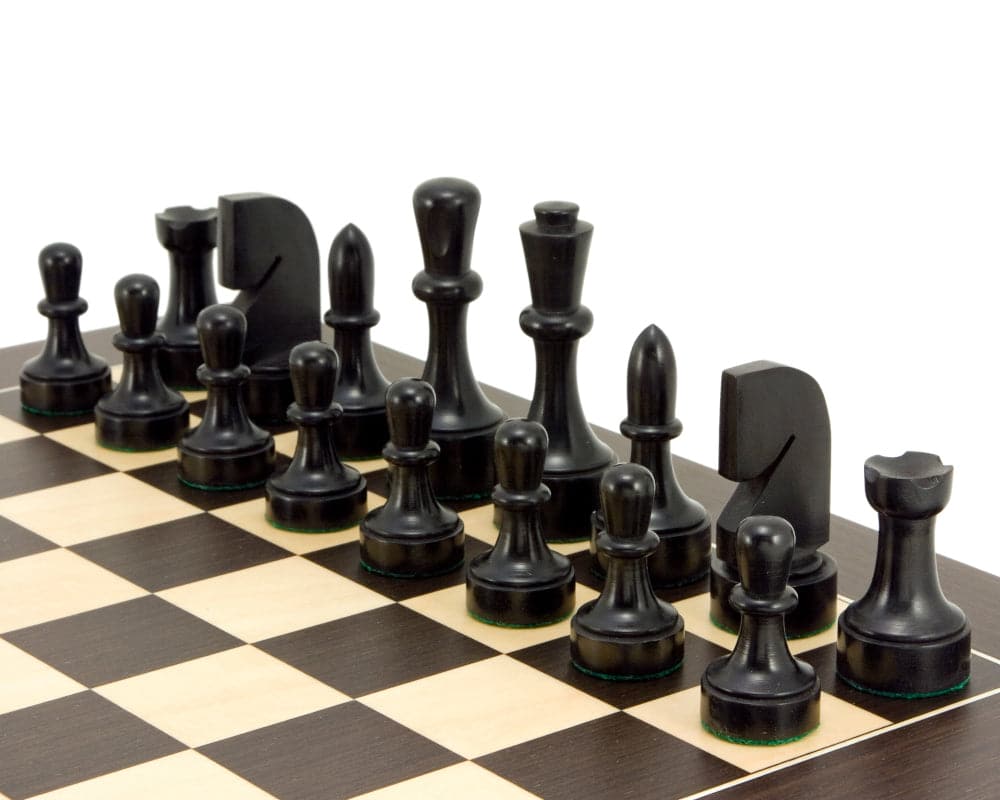 Contemporary Series ebonised chess pieces crafted in boxwood, featuring a 3.75-inch king on an 18-inch board.