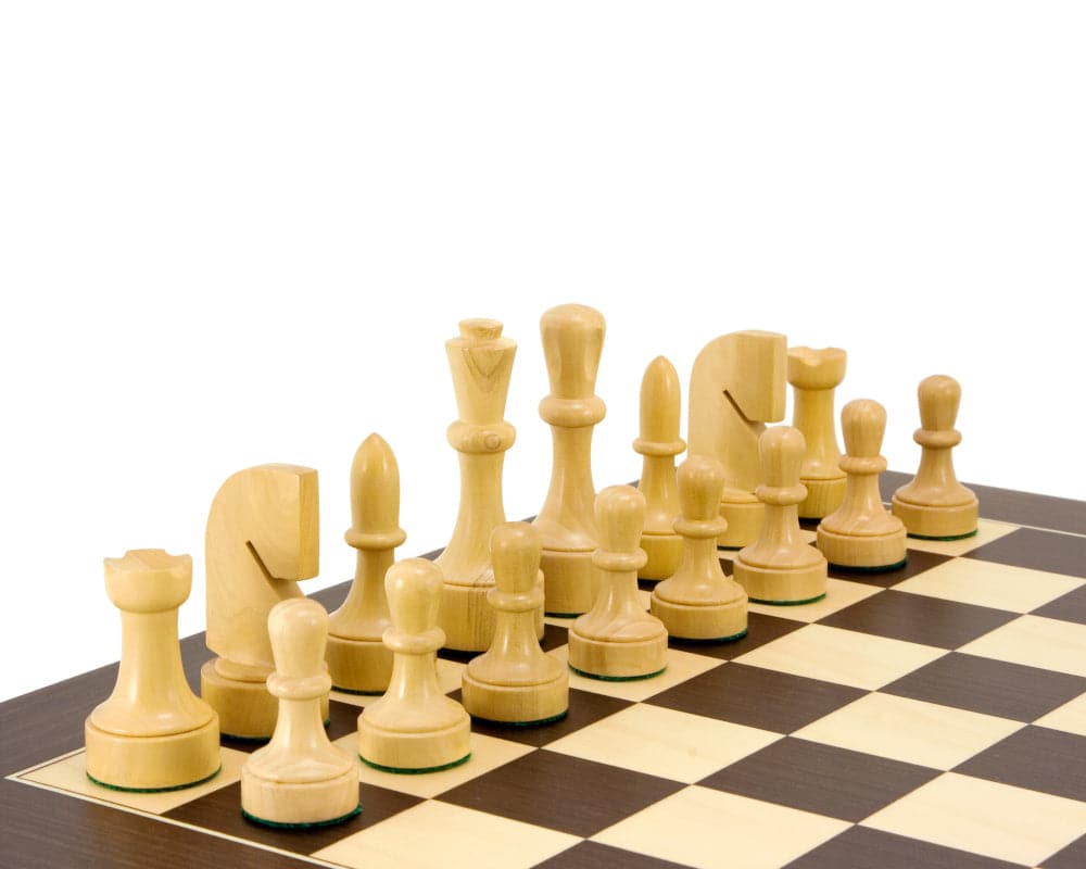 Contemporary Series Ebonised Chess Pieces 3.75 Inches in boxwood, set on a chessboard, featuring a 3.75" king.