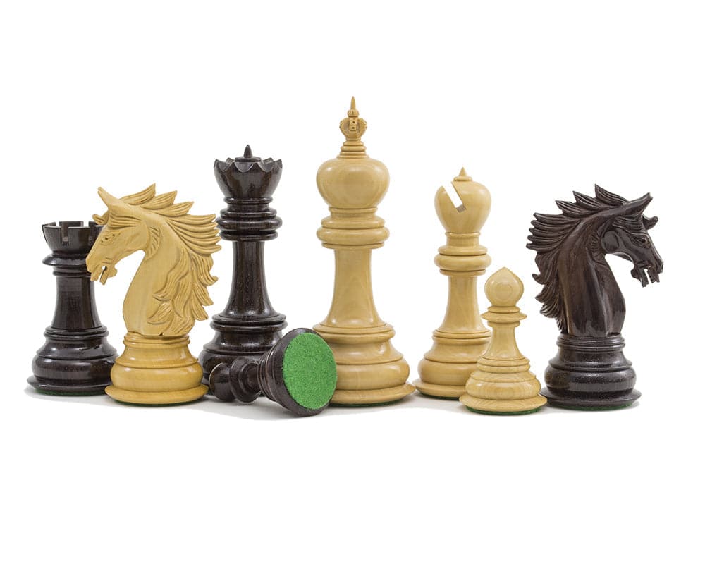 The Dubliner Rosewood Chess Men 4.7 inches crafted from rosewood and boxwood with green billiard cloth bases, featuring ornate knight pieces.