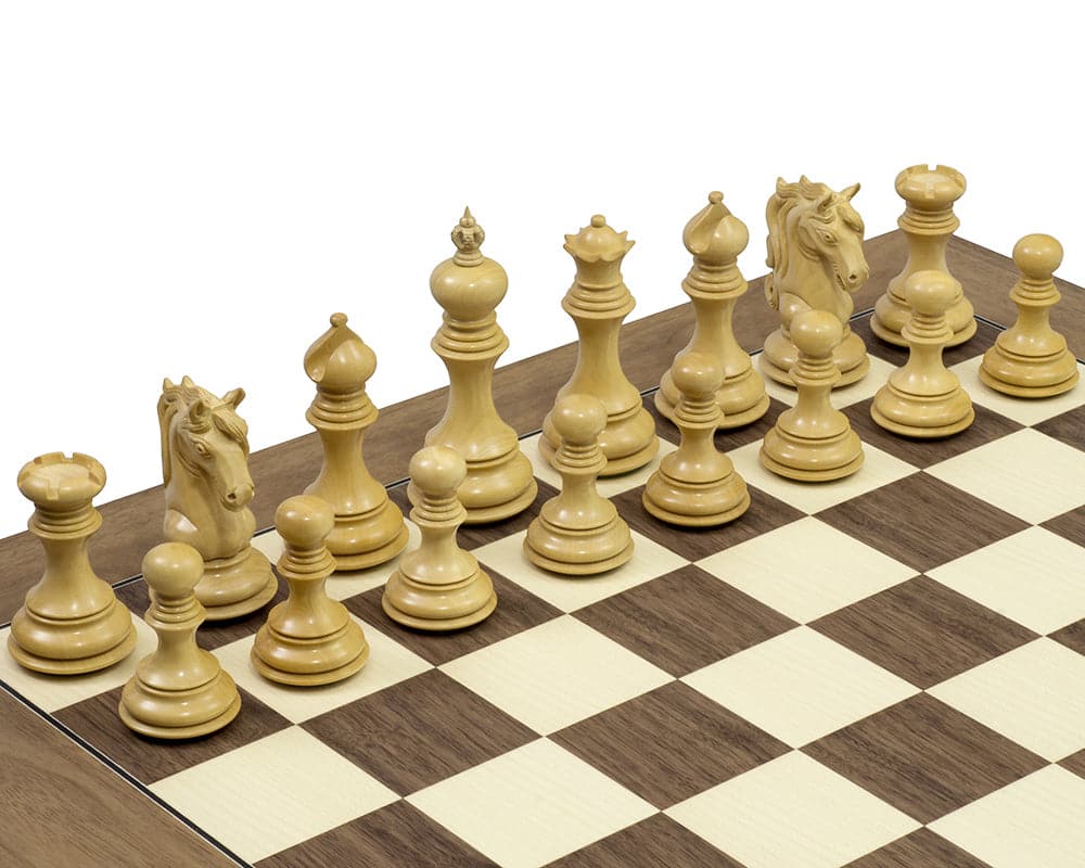 The Cavalry Series Chessmen Ebony 4.5" set with beautifully crafted, intricate knight pieces on a chessboard ideal for 20 inch squares.