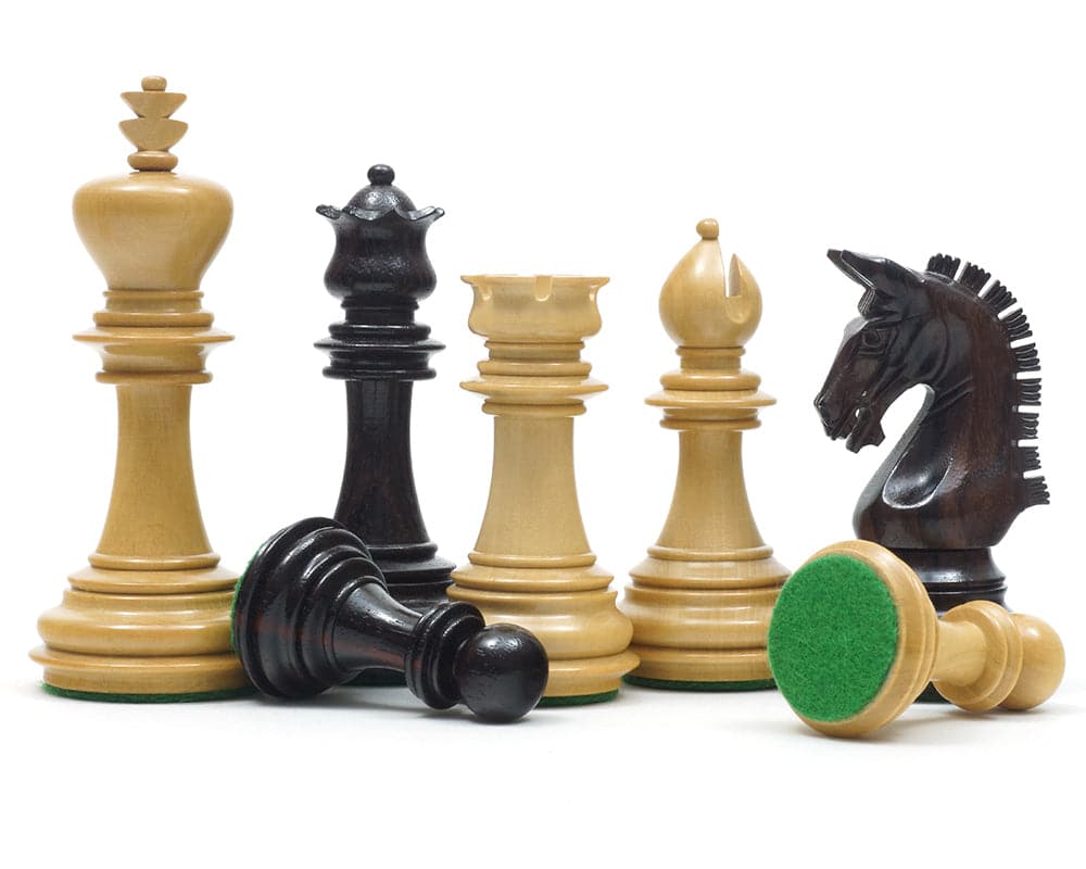 Imperial Knight Rosewood Chessmen set featuring 3.75 inch king, knight, rook, and additional pieces, crafted from rosewood and boxwood.