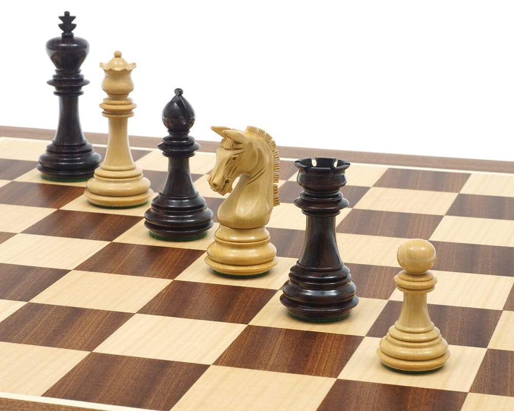 Imperial Knight Rosewood Chessmen set on chessboard showing detailed design and craftsmanship.