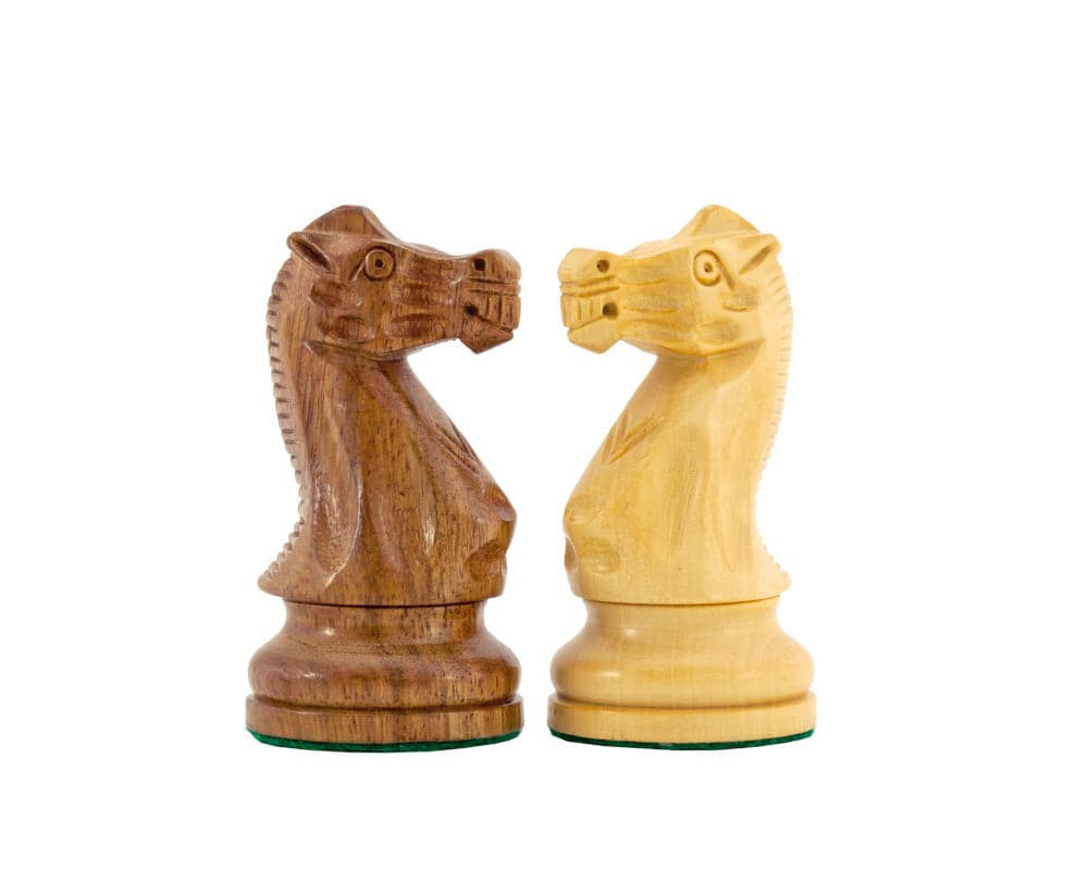 Hand-carved Sheesham and Boxwood Staunton knights, part of 3.75 inch American Staunton Chessmen set, displayed against white background.