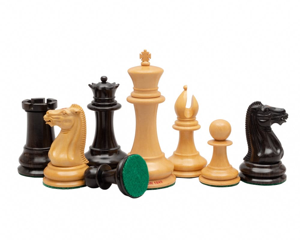 Original Staunton 1849 Ebony Chess Men with 4.4-inch King and 1.97-inch bases, beautifully crafted from ebony and boxwood, superbly detailed and finished