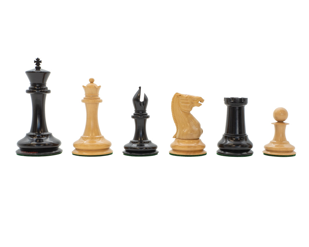Pièces d’échecs 1850 London — réplique exacte, édition limitée numérotée, en ébène — 8,9 cm. Coffret de rangement pour pièces d’échecs inclus