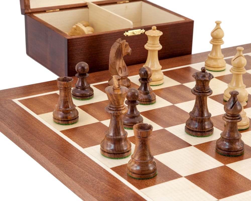 Down Head Grand Sheesham Championship Chess Set with wooden chess board and handcrafted chess pieces in play.