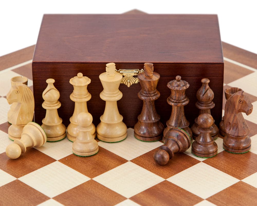 Down Head Grand Sheesham Championship Chess Set with 3.25 inch King pieces on 19 inch European tournament chess board.