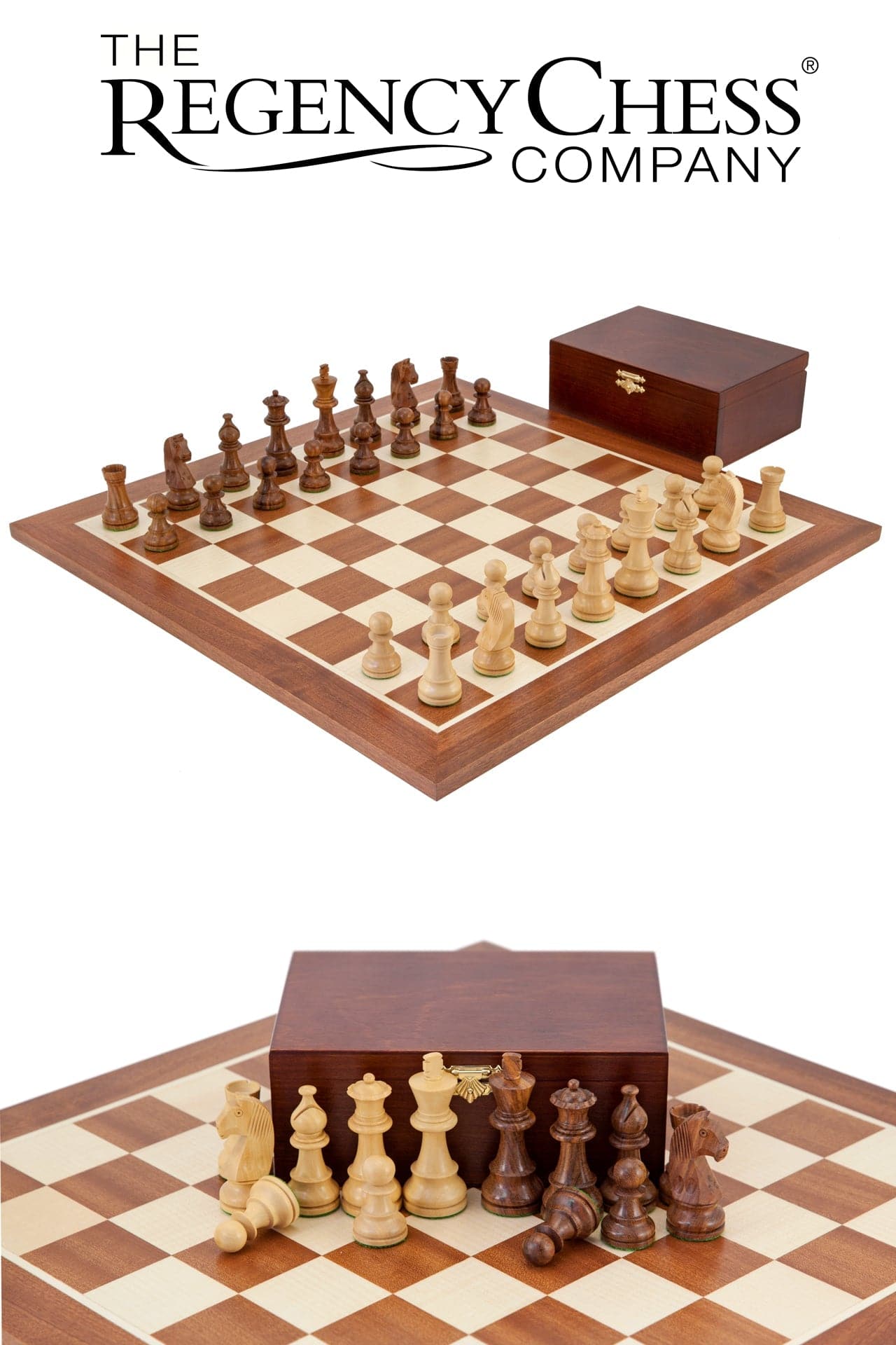 Down Head Grand Sheesham Championship Chess Set with solid wood chessmen, polished board, and storage box by Regency Chess Company