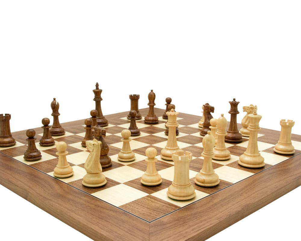 Victoria Sheesham Deluxe Staunton Chess Set with elegant sheesham and boxwood chess pieces on a walnut chess board