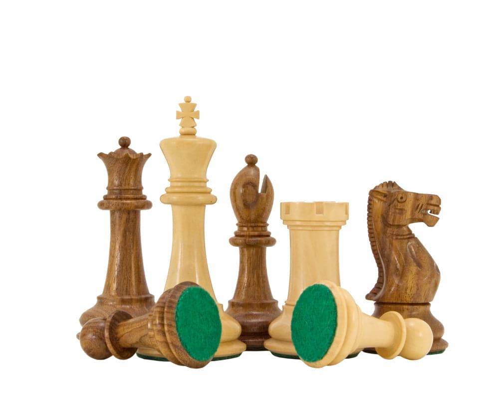 Victoria Sheesham Deluxe Staunton chess pieces on display, crafted from Sheesham and boxwood with natural polish and green felt bases.