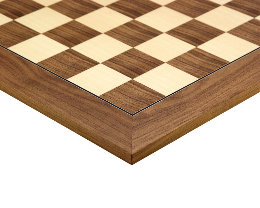 Deluxe walnut chess board with a polished finish from the Victoria Sheesham Deluxe Staunton Chess Set.