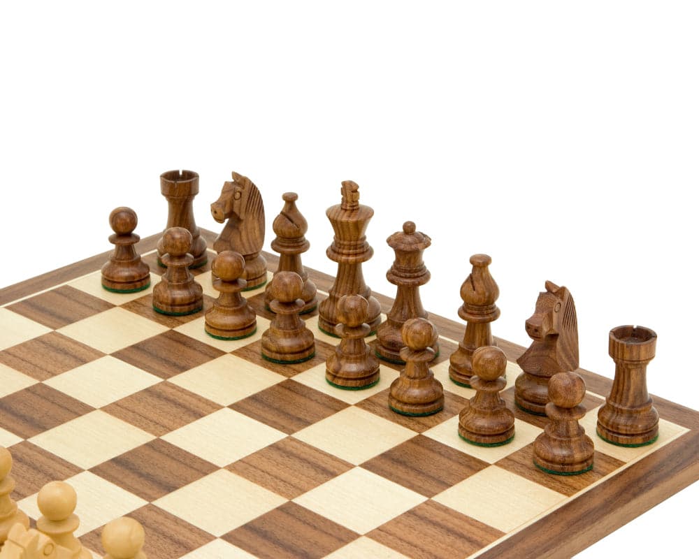 Down Head Knight Academy Medium Chess Set with walnut board and Staunton chess pieces, featuring rich grain detail and compact design.