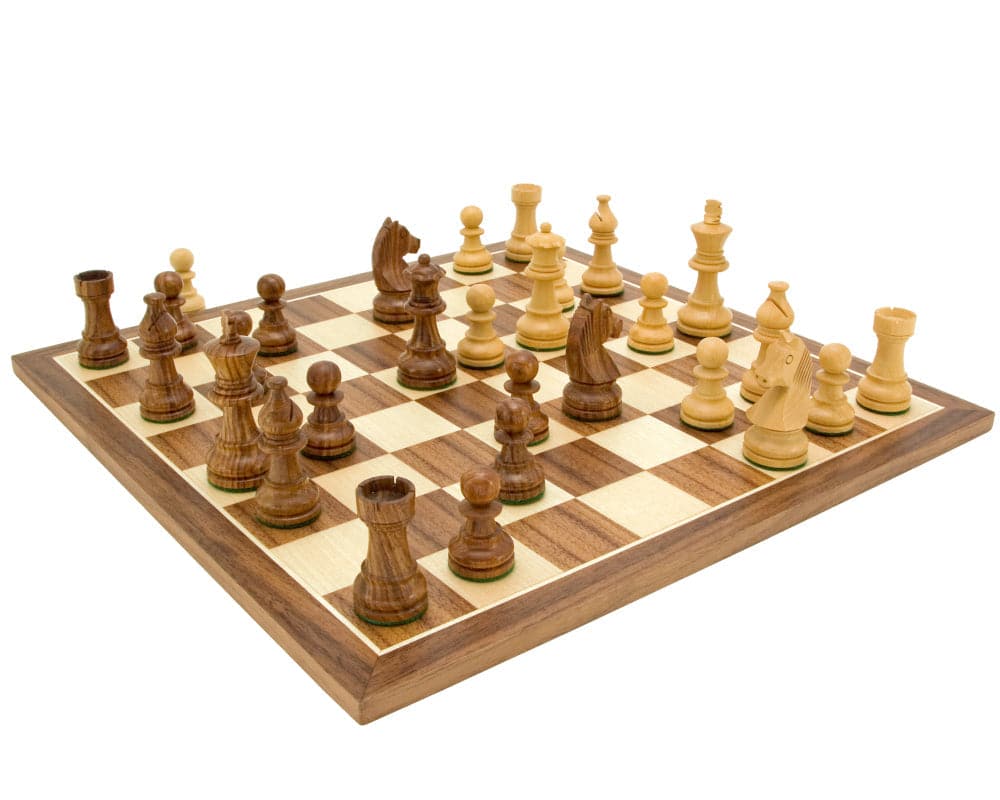 Down Head Knight Academy Medium Chess Set with 3 Inch Staunton pieces on a walnut board showing rich Sheesham wood grains.