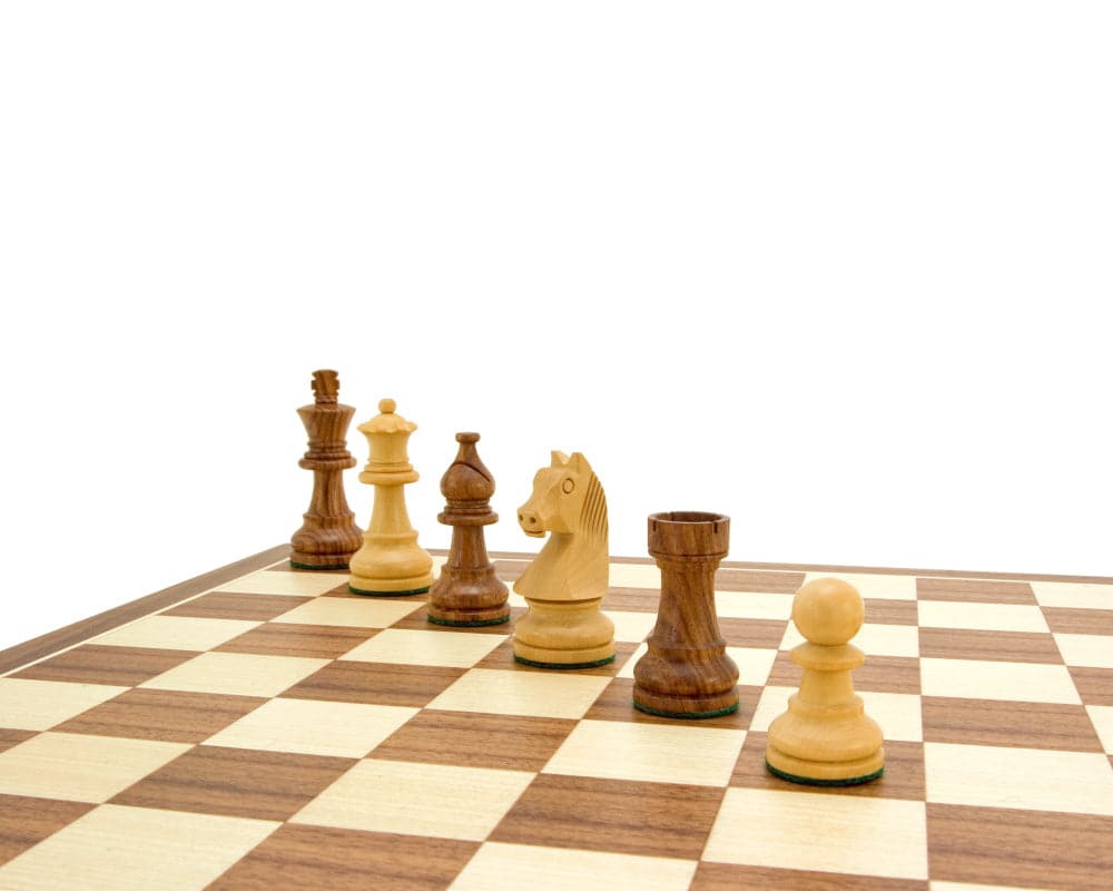 Down Head Knight Academy Medium Chess Set with walnut board and 3-inch Staunton chess pieces.