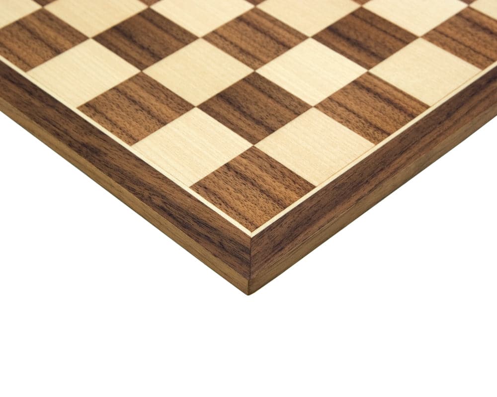 Close-up of high-quality walnut chess board from Down Head Knight Academy Medium Chess Set, showcasing rich wood grains.