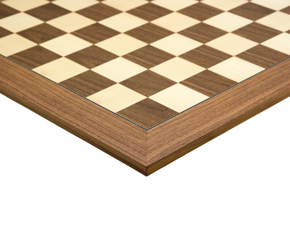 High-quality walnut and maple chessboard corner from the Blackmore Grandmaster Chess Set showing detailed craftsmanship.