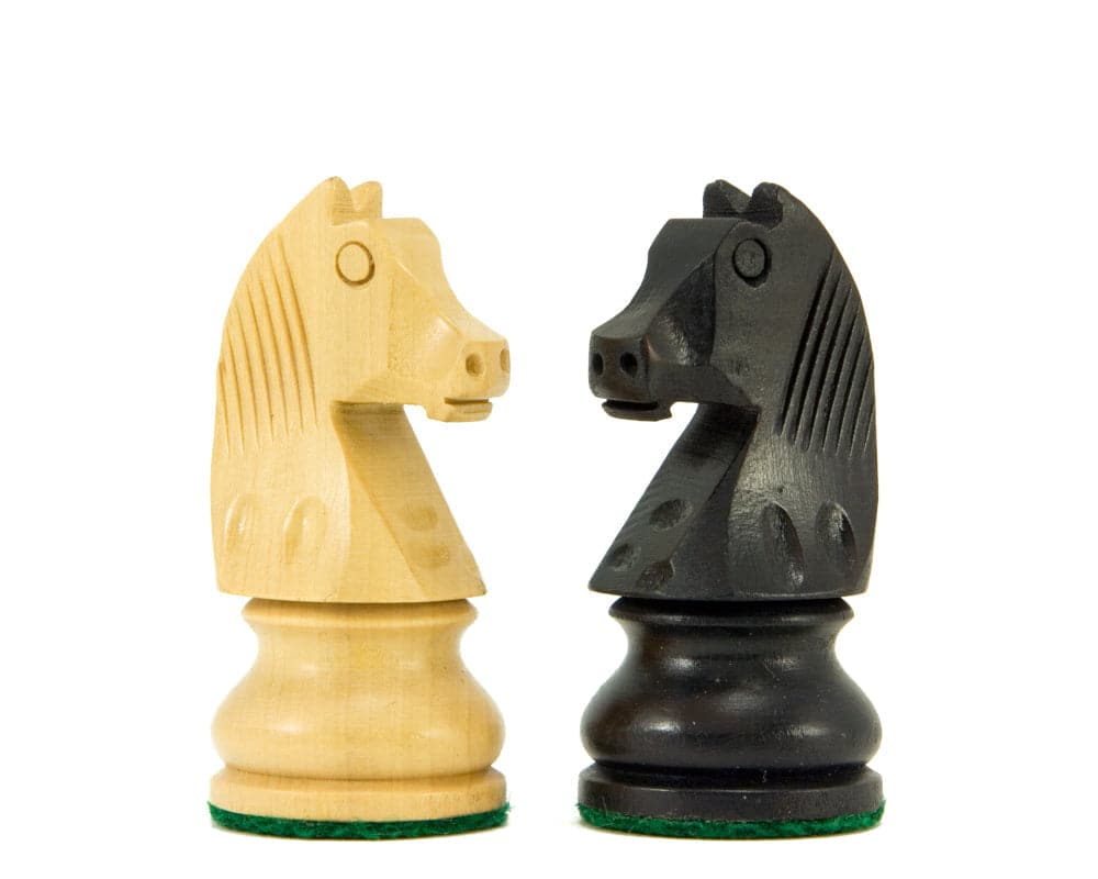 French Knight Ebonised and Boxwood Chess Knights 3 1/4 Inch Pieces on White Background