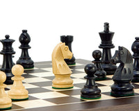 Down Head Classic Wenge Deluxe Chess Set with weighted Staunton pieces on polished hardwood board, ebonised black and boxwood light pieces
