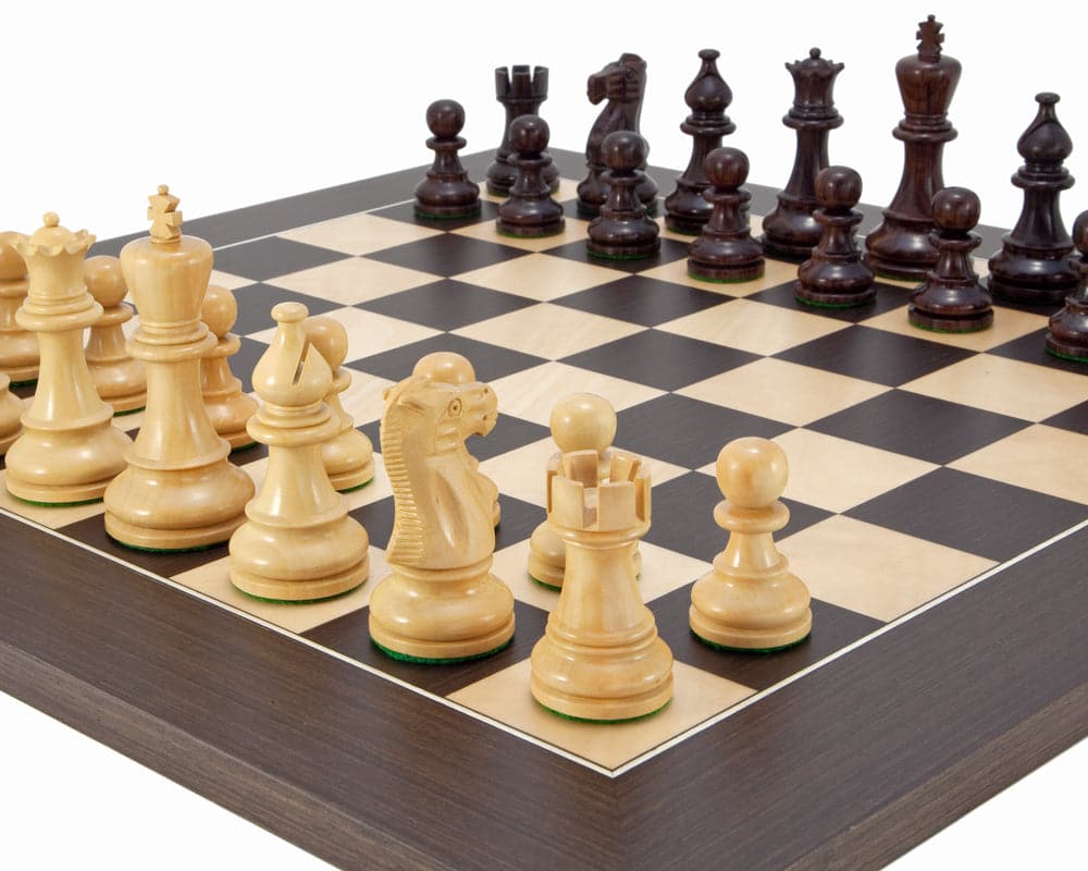 Atlantic Rosewood Chess Set with 3.75-inch king on a 19.7-inch wenge board, showcasing classic Staunton design and weighted pieces.