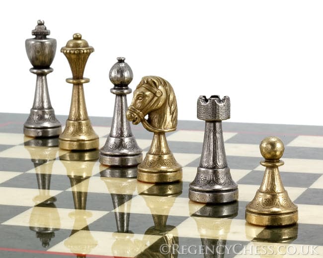 Finnesburg Brass and Olive Luxury Chess Set on Italian designed board with solid Brass and Nickel plated Brass pieces