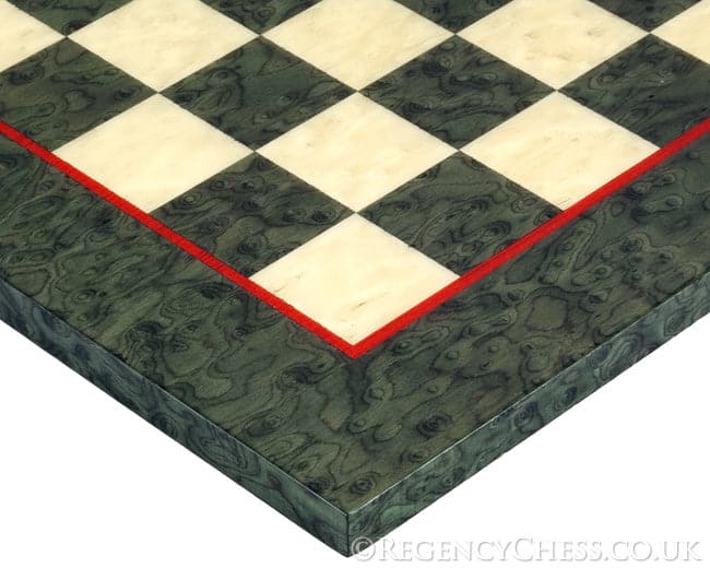 Close-up of Finnesburg Brass and Olive Luxury Chess Set board with green and white checkered pattern