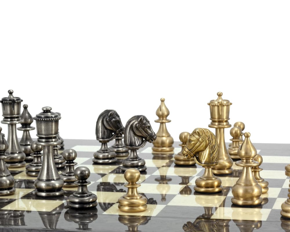 Verona Chess Set with brass and nickel-plated pieces on a chessboard