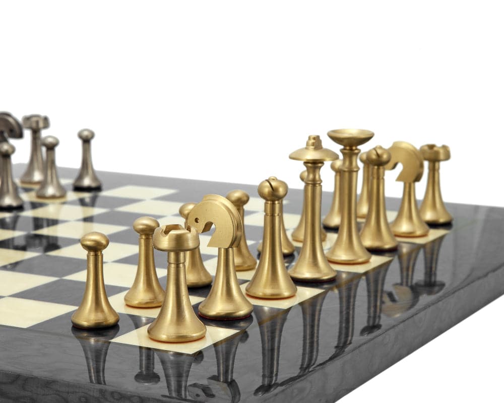 Grey Metropolis Chess Set with solid Brass and Nickel plated Brass pieces on a modern checkered board designed by Italian artisans.