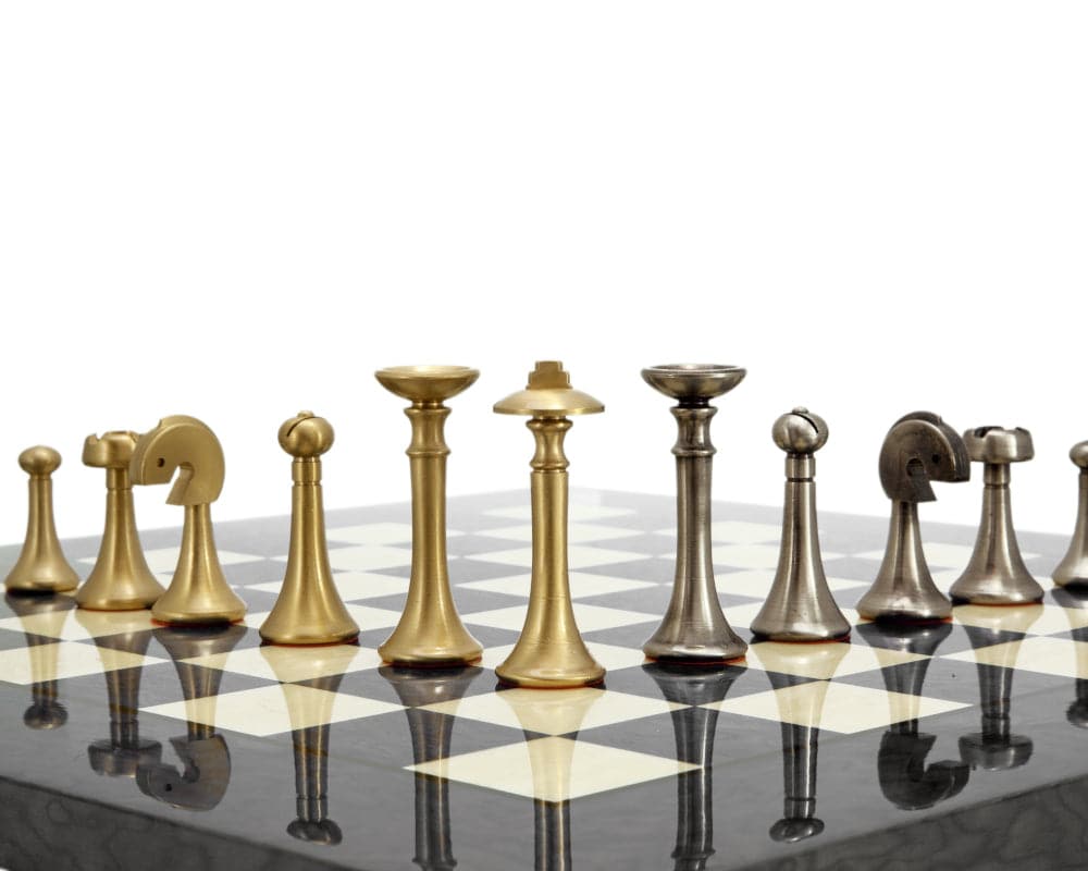 Grey Metropolis Chess Set featuring solid Brass and Nickel plated Brass pieces on a stylish board designed by Italian artisans