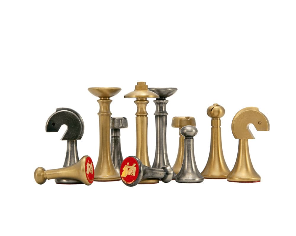 Brass and nickel-plated brass Grey Metropolis Chess Set pieces hand turned and carefully finished, designed by Italian chess artisans.