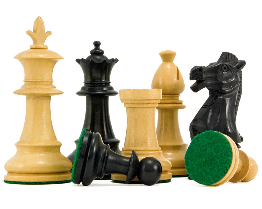 Black Flower Chess Set with high gloss black anegre board, handcrafted Staunton pieces, 3.25-inch king, and unique knight design.