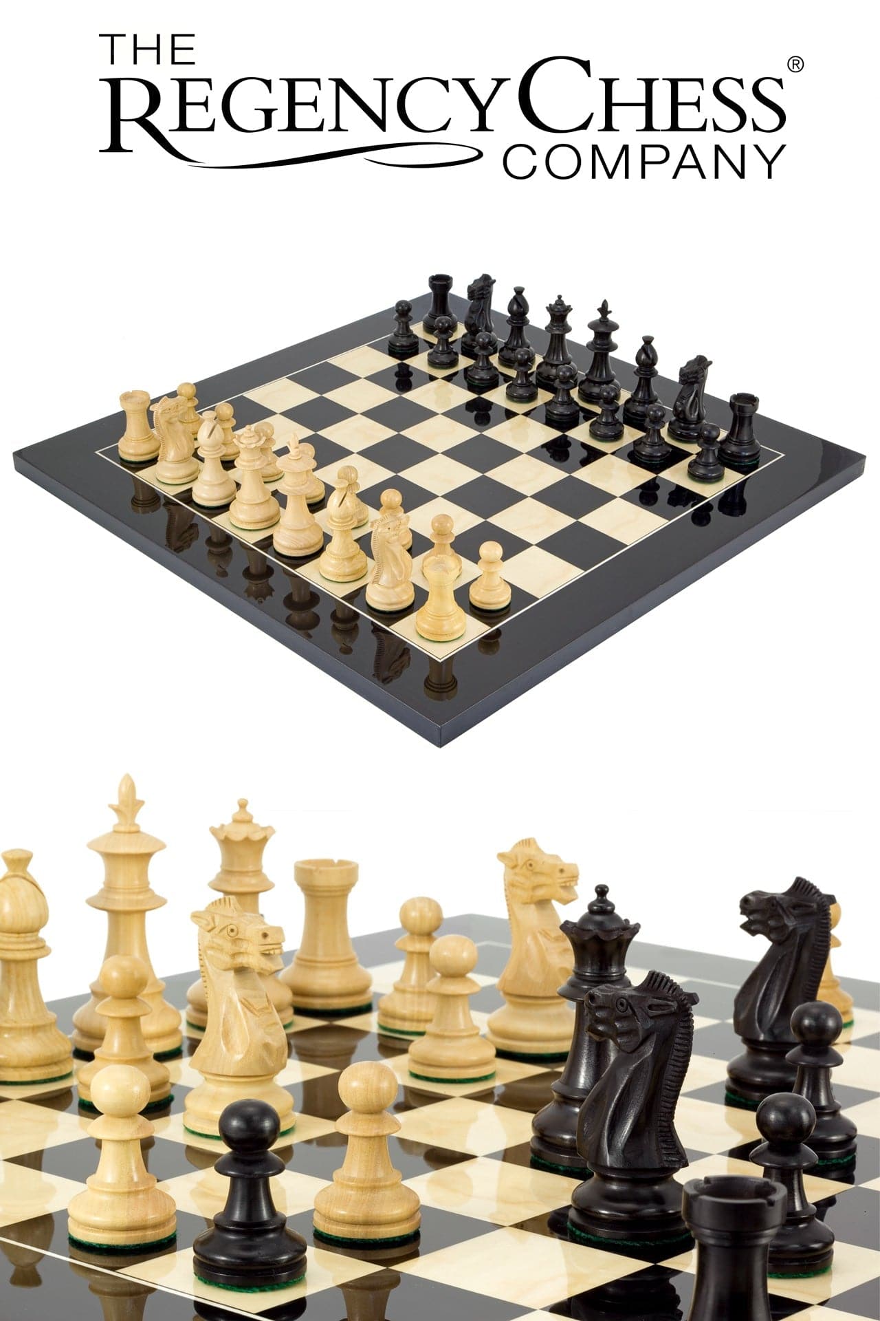 Black Flower Chess Set by Regency Chess Company on high gloss black anegre board with unique handcrafted Staunton design pieces.