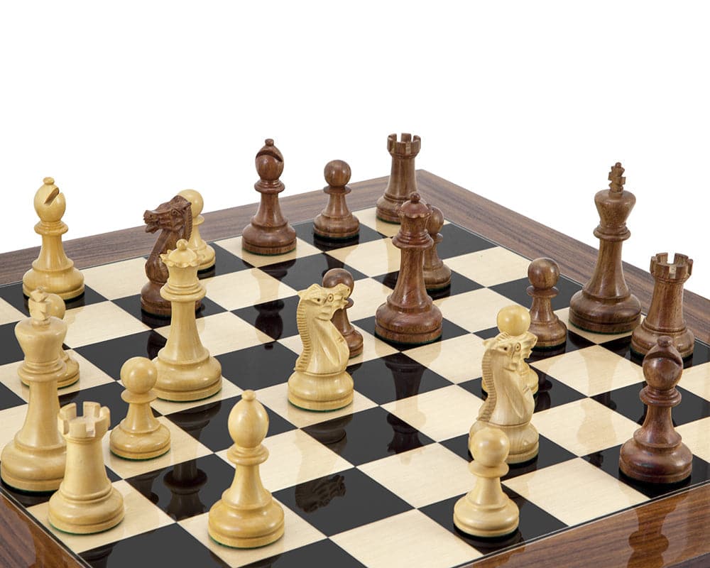 Executive Palisander Chess Set with Staunton design pieces on high gloss board featuring 3.75 inch king and weighted bases.