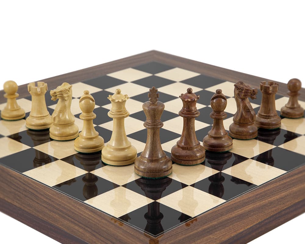 Executive Palisander Chess Set with Staunton design pieces on a luxurious high gloss board made of Black Anegre, Palisander Rosewood, and Maple