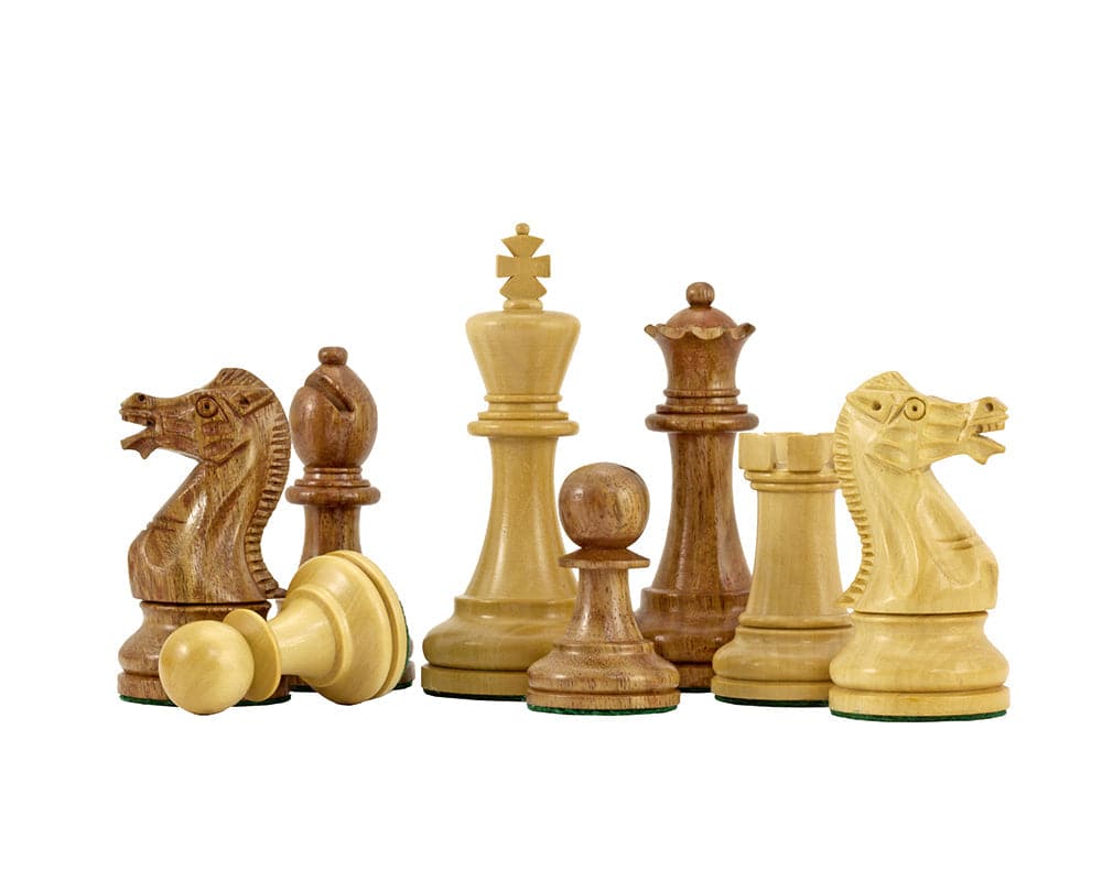 Executive Palisander Chess Set pieces with classic Staunton design made from solid sheesham, featuring a 3.75-inch king and additional queens.