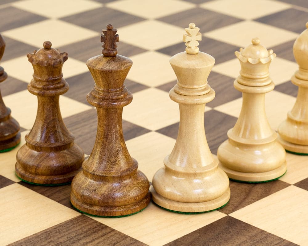 Winchester Sheesham Tournament Chess Set with hand carved Staunton chess pieces displayed on a chessboard