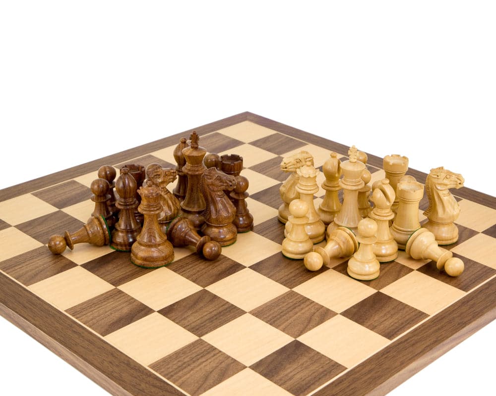 Winchester Sheesham Tournament Chess Set with hand-carved knights and double-weighted pieces on a classic Staunton chessboard