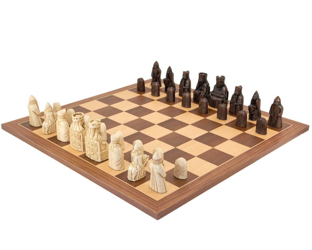 The Isle of Lewis Walnut and Maple Chess Set featuring precise reproductions of the original Isle of Lewis chessmen on a walnut chess board.