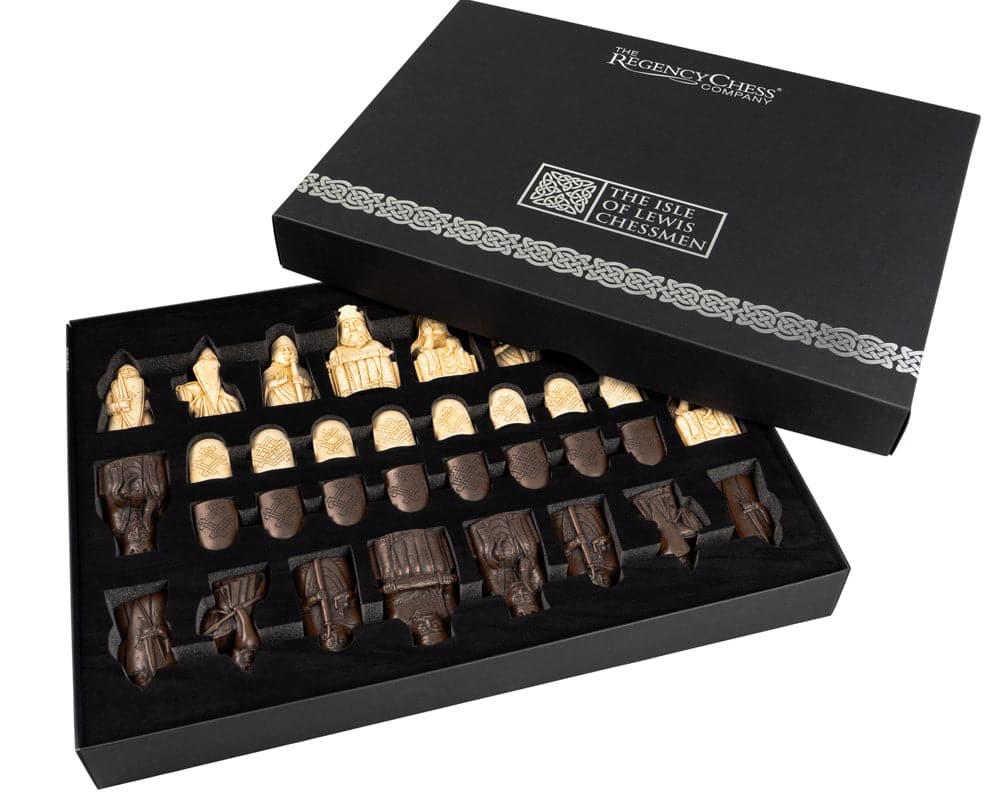 The Isle of Lewis chessmen set in a black box from The Regency Chess Company