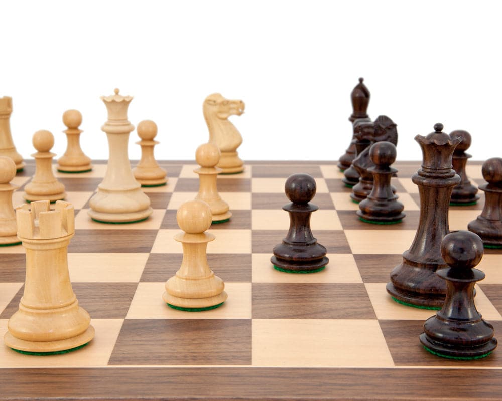 Sicilian Rosewood and Walnut Chess Set with elegantly carved Staunton pieces on a beautifully finished walnut and maple board.