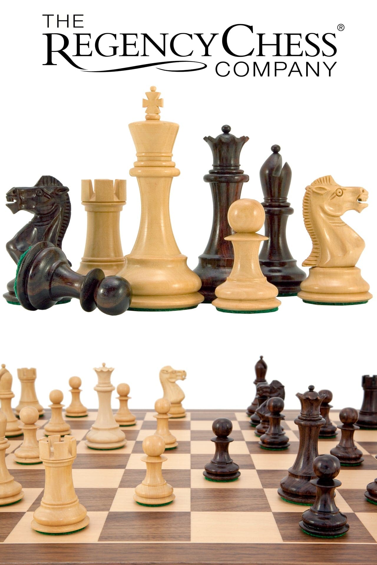 Sicilian Rosewood and Walnut Chess Set featuring classic Staunton design pieces and a walnut and maple board from The Regency Chess Company.