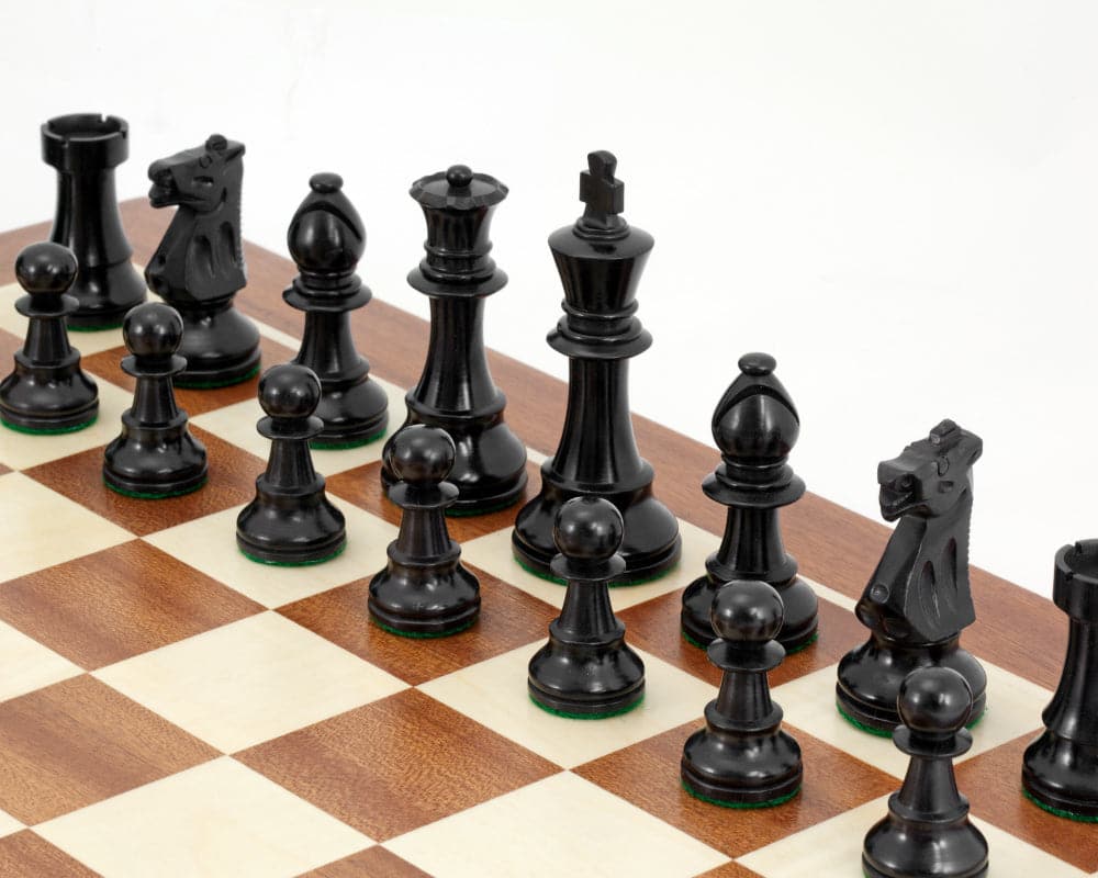 Conquest Series Black and Mahogany Chess Set featuring weighted Staunton style pieces and a Maple and Mahogany board.