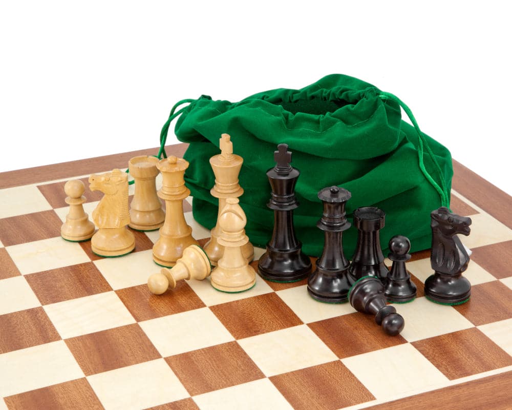 Conquest Series Black and Mahogany Chess Set with Hand Carved Staunton Pieces on Inlaid Maple and Mahogany Board with Green Storage Bags