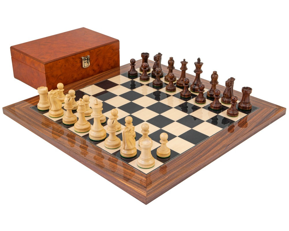 Jeu d'échecs suprême en bois de rose avec étui en bois de ronce