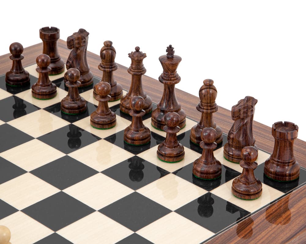 Supreme Rosewood Chess Set with Staunton design pieces on an 18 inch board and burl wood case.