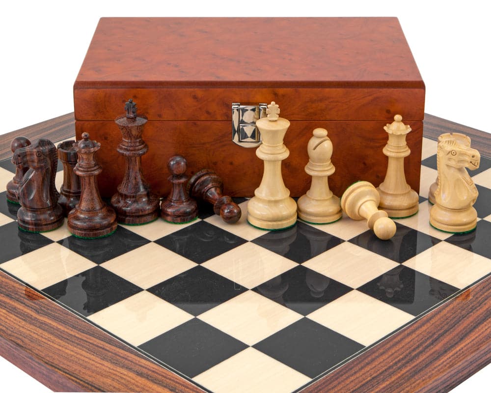 Supreme Rosewood Chess Set with Burl Wood Case on a Traditional Staunton Design Chess Board with 3.5-inch King Pieces