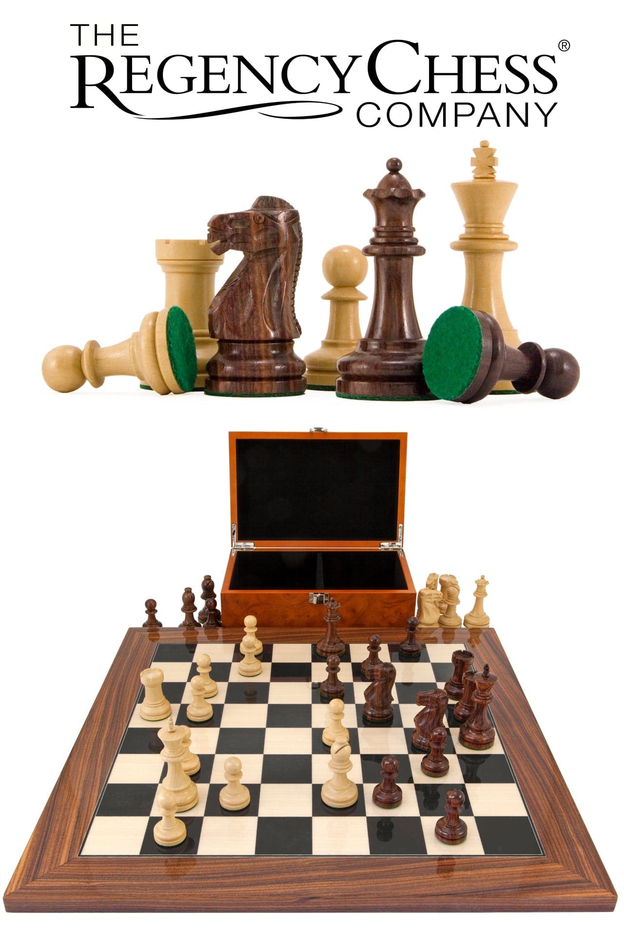 Supreme Rosewood Chess Set with burl wood case, Staunton design pieces, 3.5 inch king, 18 inch board, weighted and with billiard cloth bases