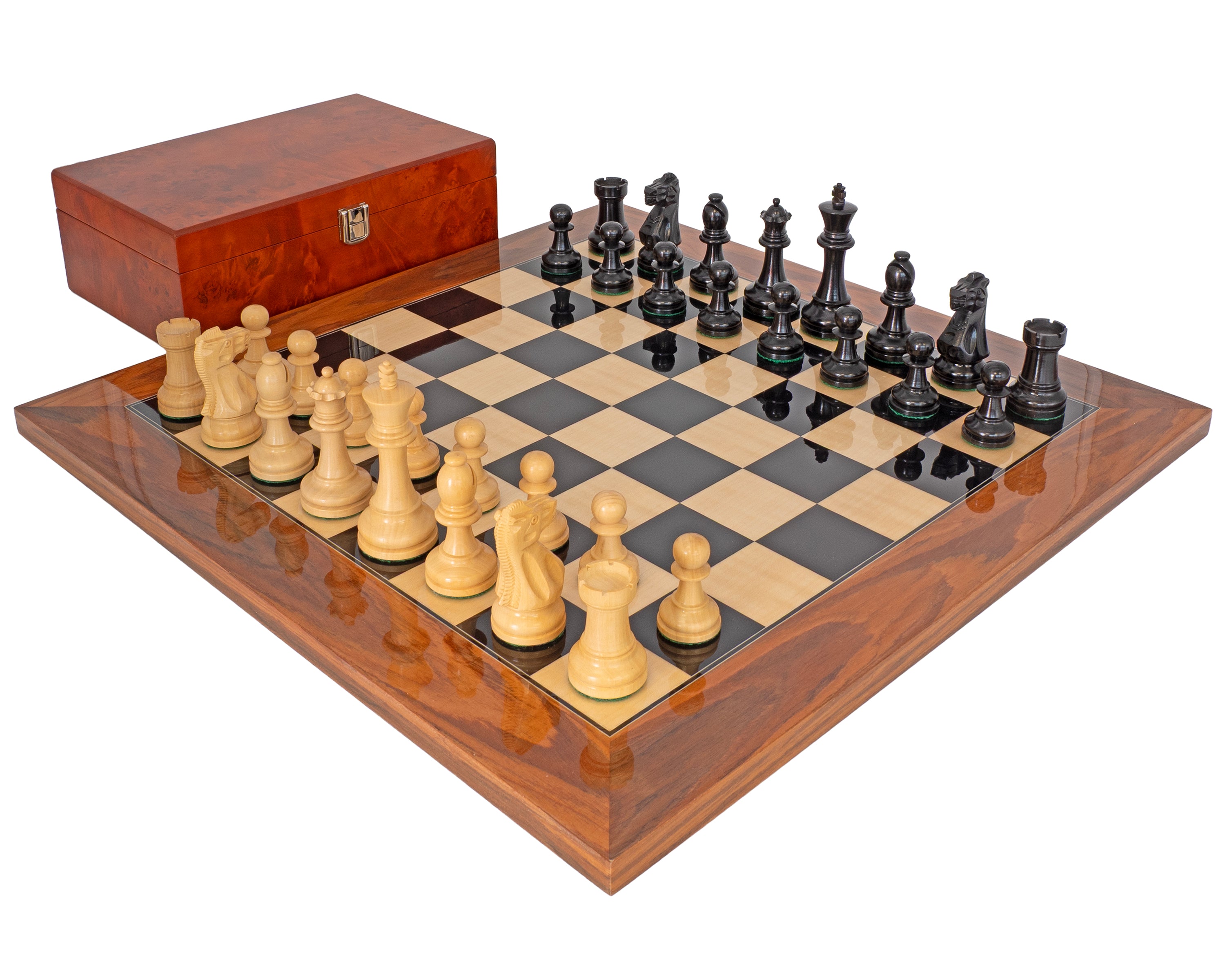 Jeu d’échecs Ébène Suprême avec coffret de rangement en bois de ronce pour pièces d’échecs
