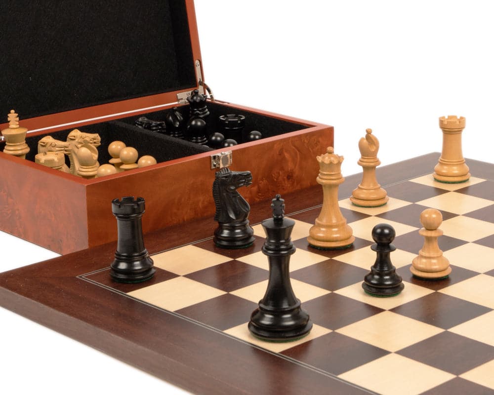 Windsor Ebony and Montgoy Palisander Chess Set with Burl Effect Case on a Luxurious Montgoy Palisander Board